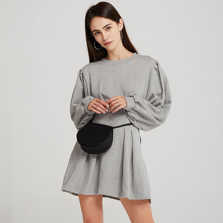 Women's long sleeve pullover sweater dress in black and gray