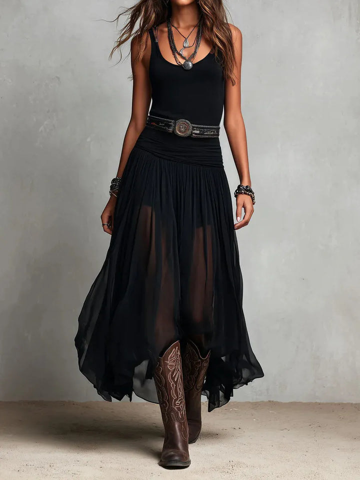 Woman wearing double layer maxi dress with belt