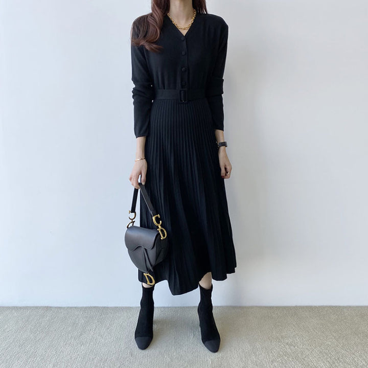 Women's black V-neck thick knit sweater dress