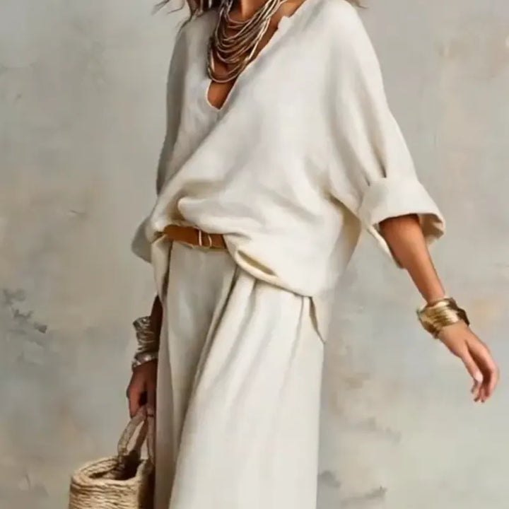 Woman wearing relaxed V-neck top and wide-leg pants set