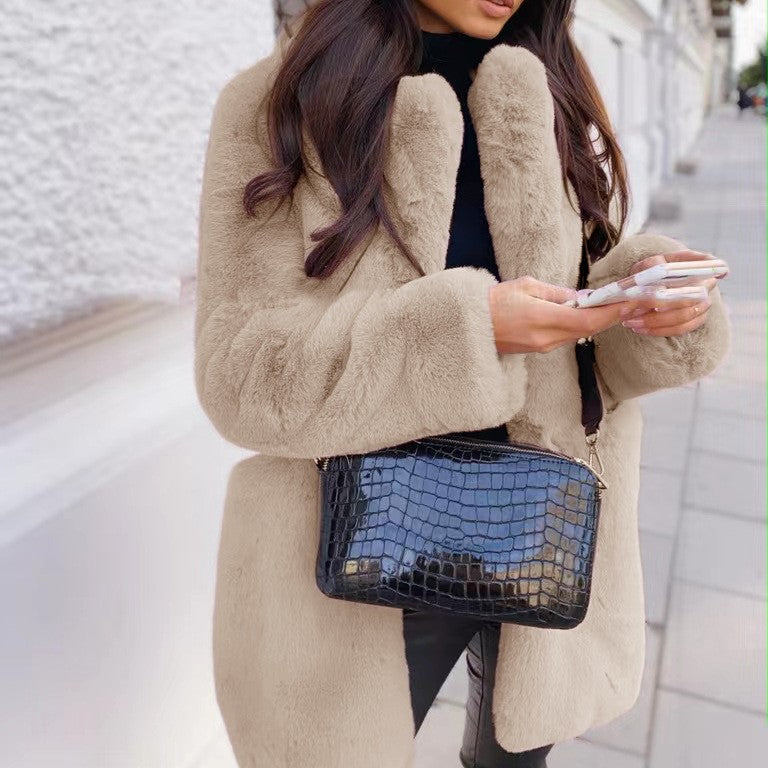 Women's long faux fur coat with lapel collar