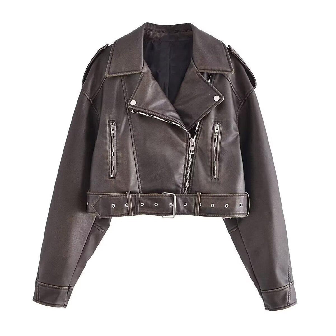 Women's washed leather moto jacket in solid color