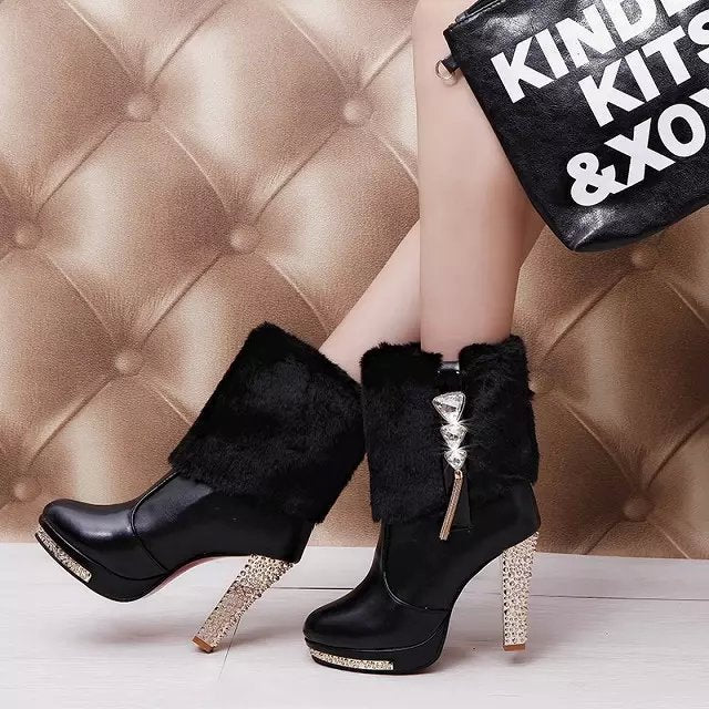 White and black chunky heel ankle boots for women