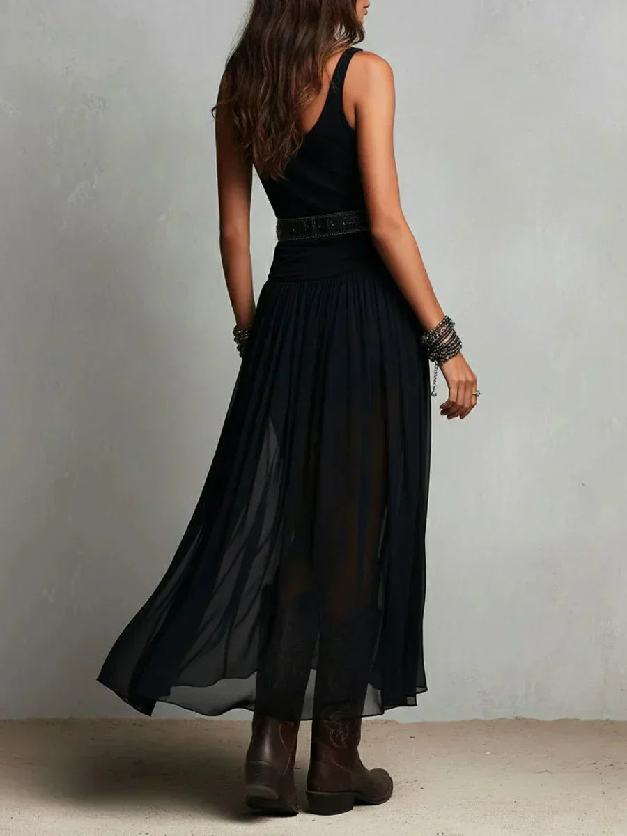 Woman wearing double layer maxi dress with belt