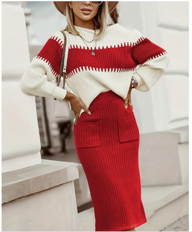 Woman wearing black knit sweater and skirt set