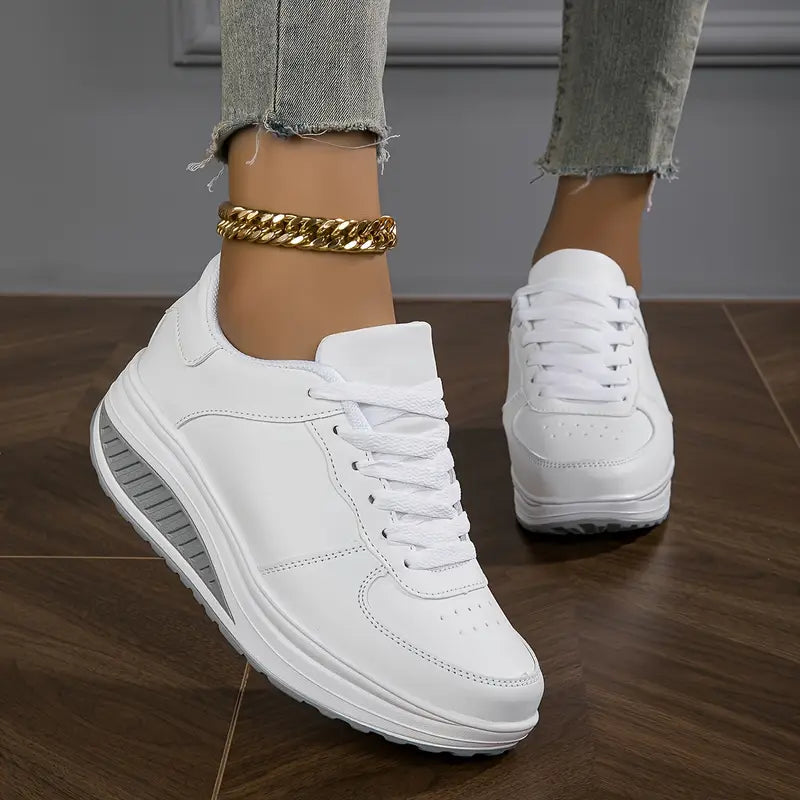 White wedge platform sneakers with laces for women
