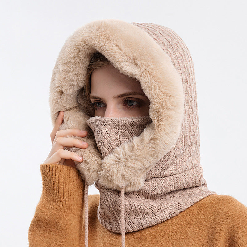 Women's hooded knit winter hat with scarf