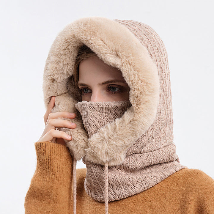 Women's hooded knit winter hat with scarf