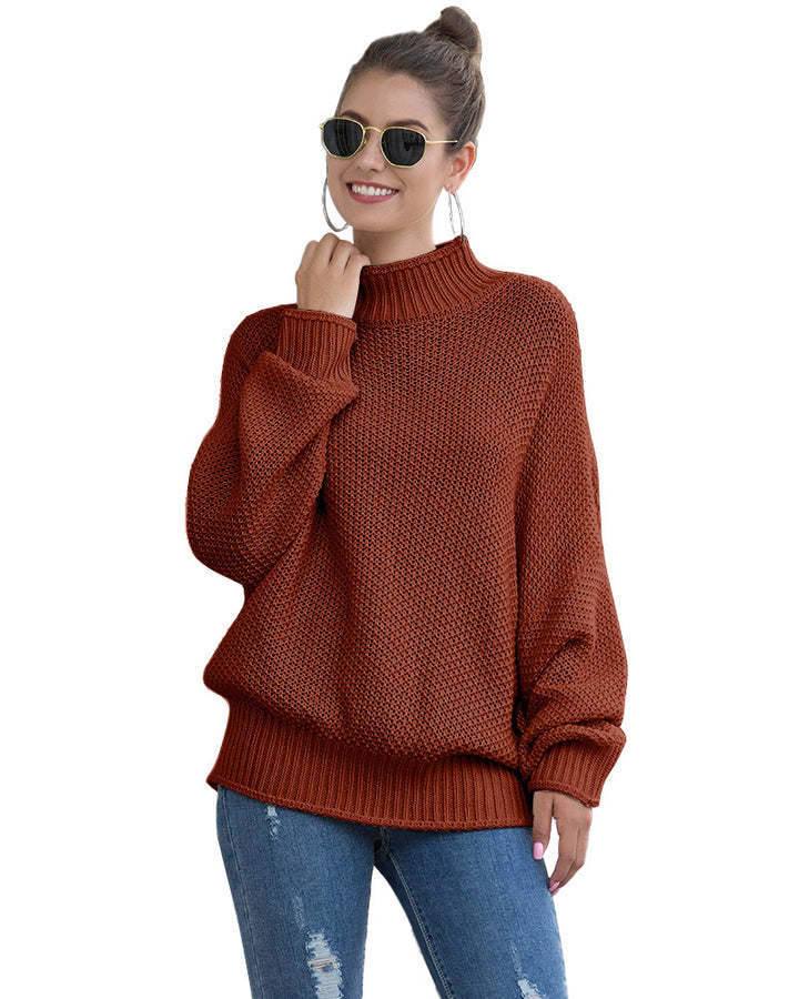 Women's loose turtleneck knit sweater front view
