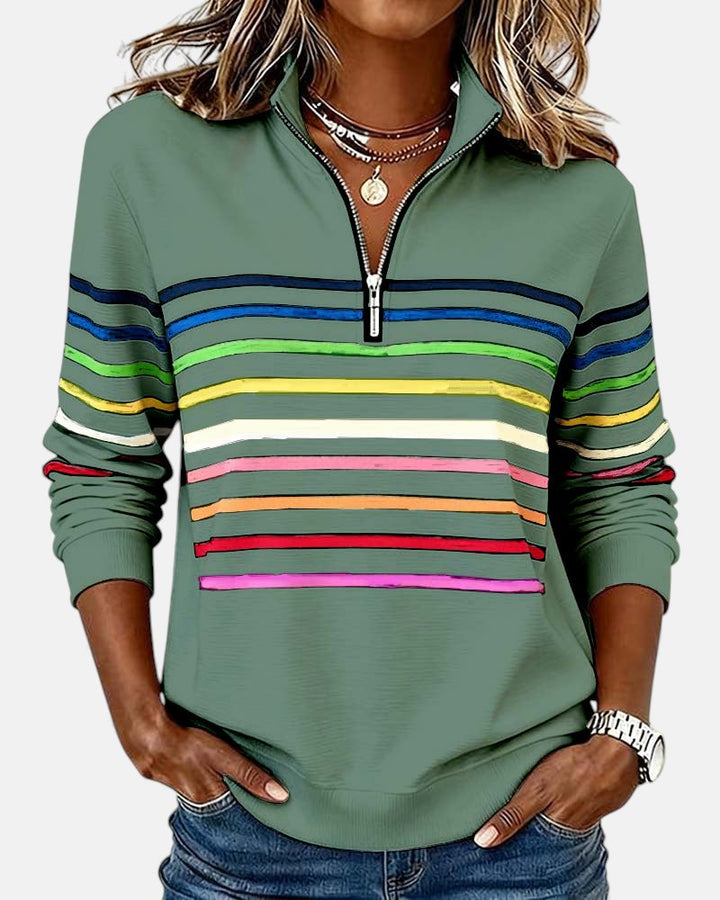 Women's rainbow striped half zip sweatshirt with stand collar