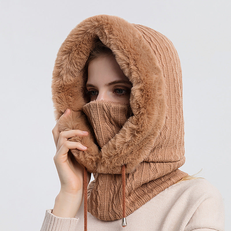 Women's hooded knit winter hat with scarf