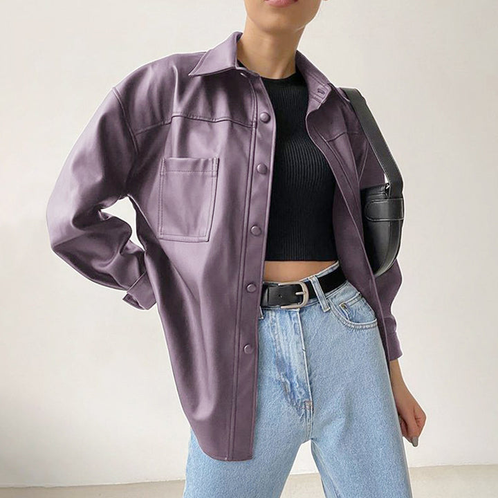 Women's PU leather motorcycle jacket in black and purple