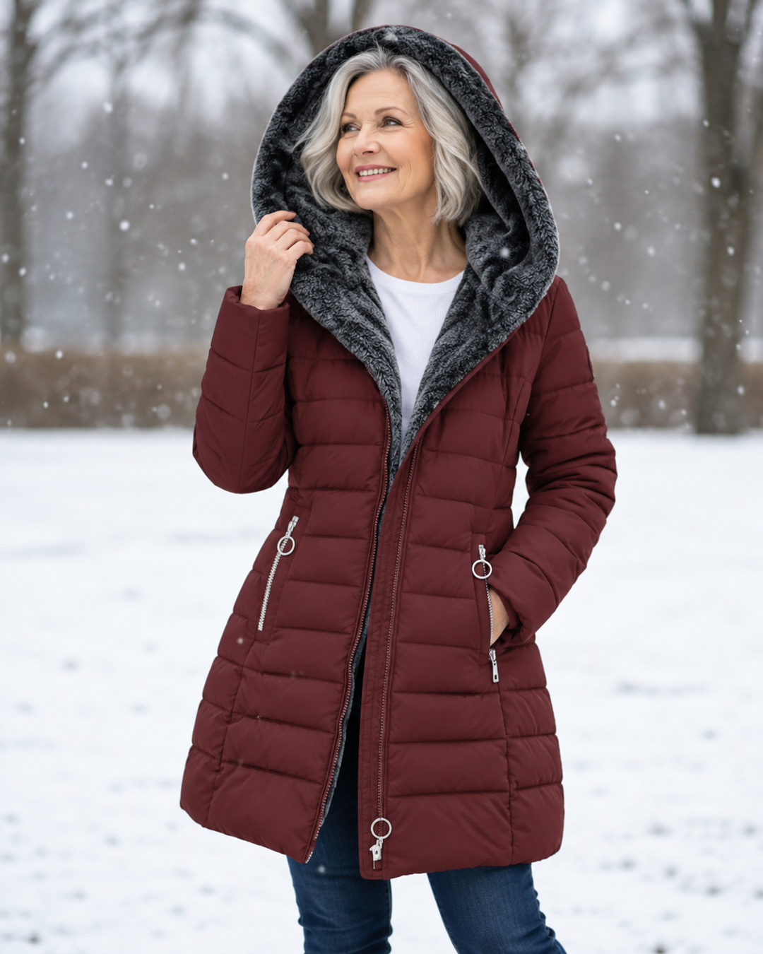 Women's quilted winter coat with hood on model