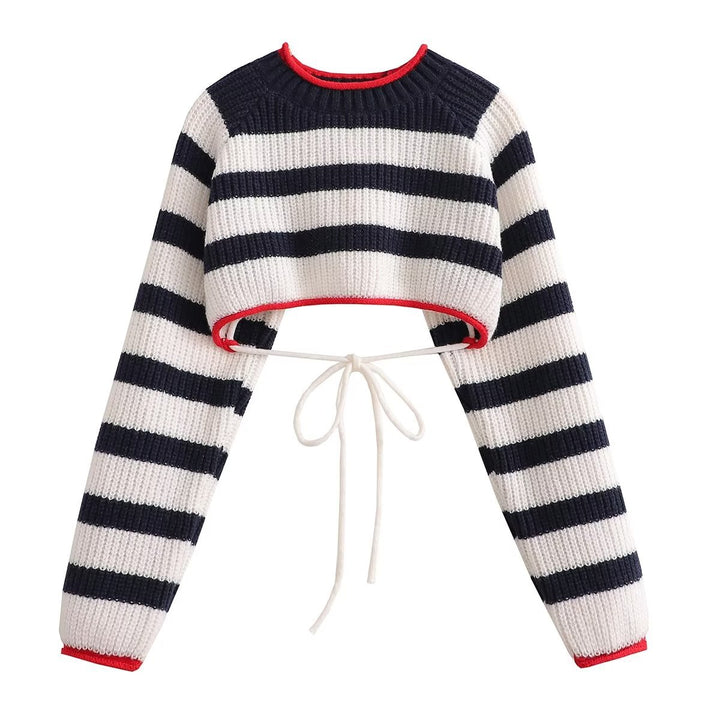Women's lace-up sweater with striped and plaid pattern