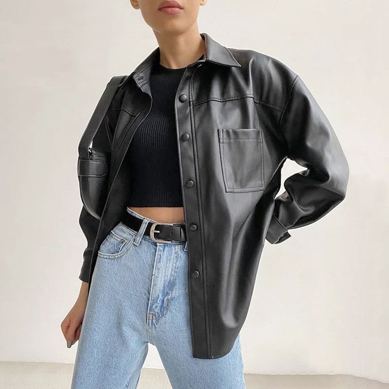 Women's PU leather motorcycle jacket in black and purple