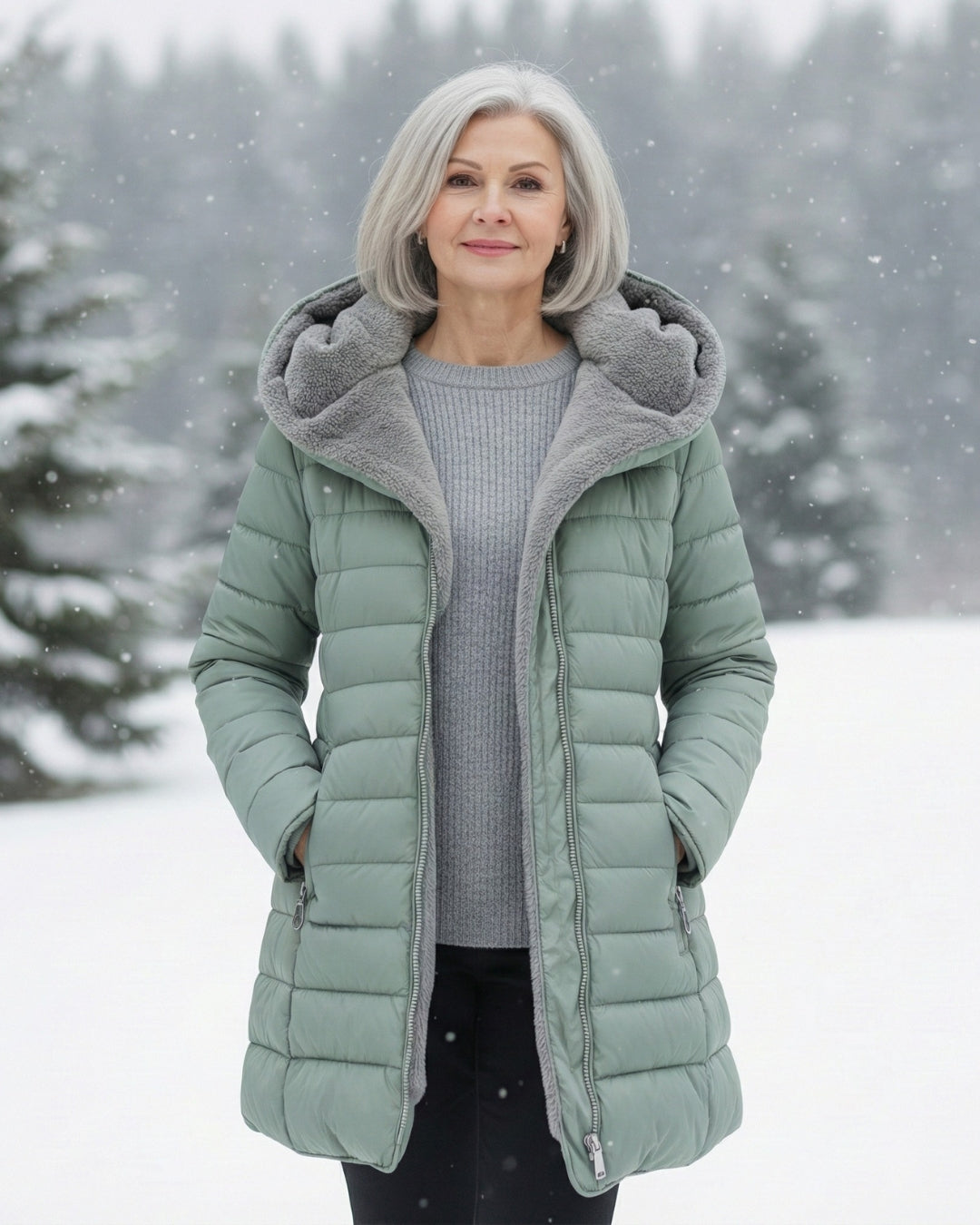 Women's fleece-lined A-line puffer coat front view