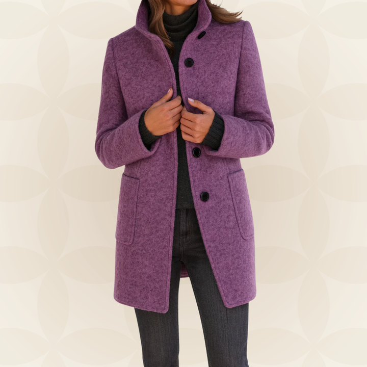 Woman wearing straight-cut winter coat with high collar