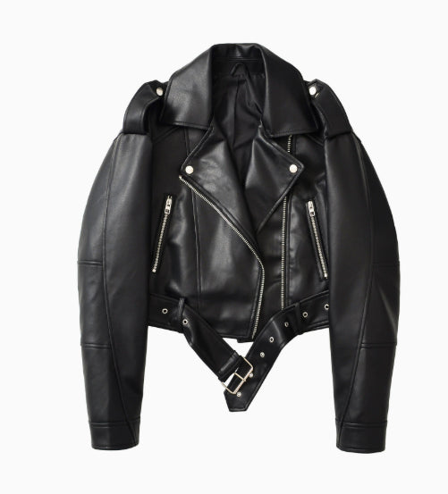 Women's washed leather moto jacket in solid color
