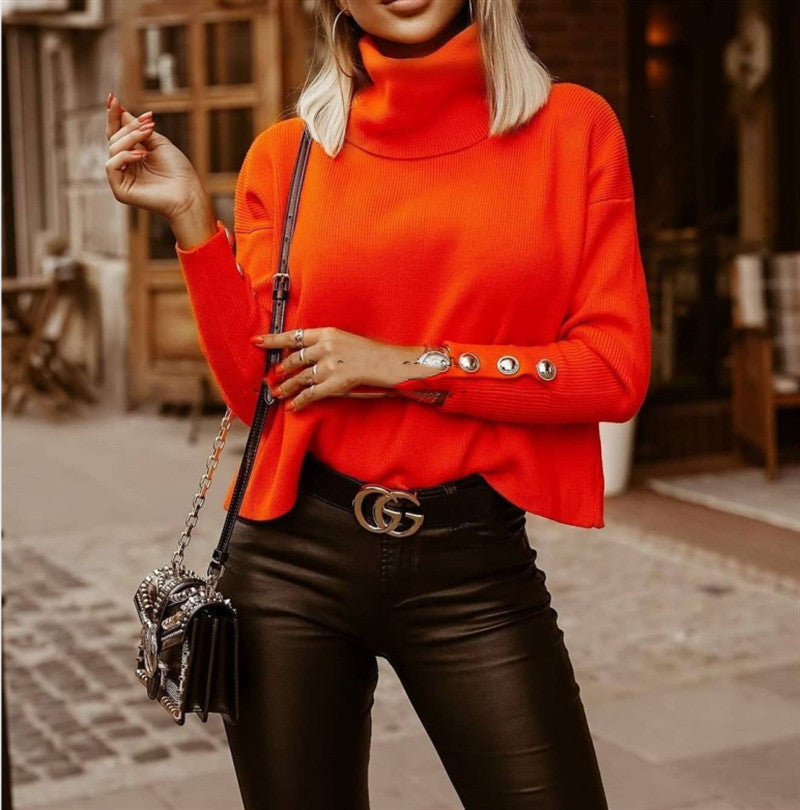 Women's solid color turtleneck sweater with high collar