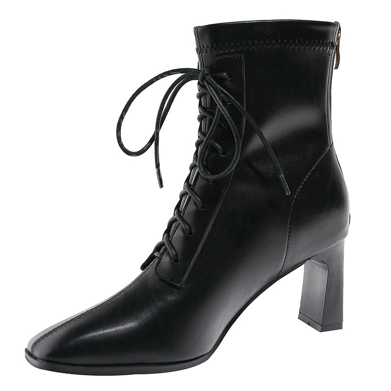 Black square toe high heel ankle boots for women