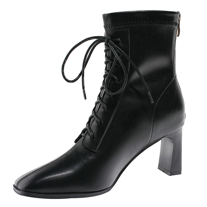 Black square toe high heel ankle boots for women