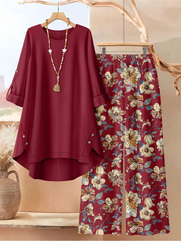 Women's leaf print tunic and wide leg pants set