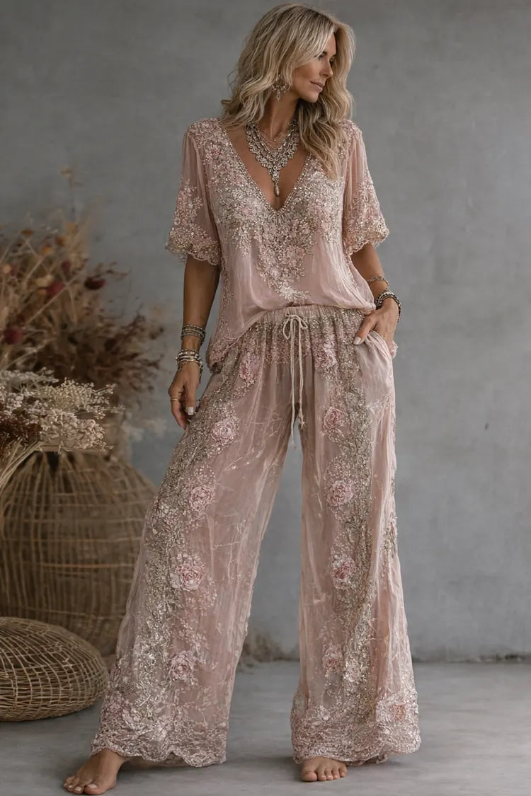 Women's floral embroidered two piece set with wide leg pants