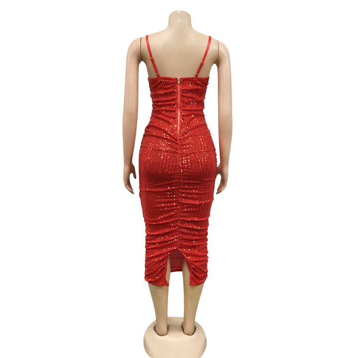 Woman wearing sequin sleeveless V-neck party dress