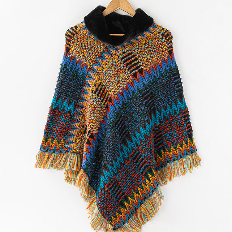Women's knit shawl with gray jacquard grid pattern