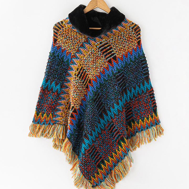 Women's knit shawl with gray jacquard grid pattern