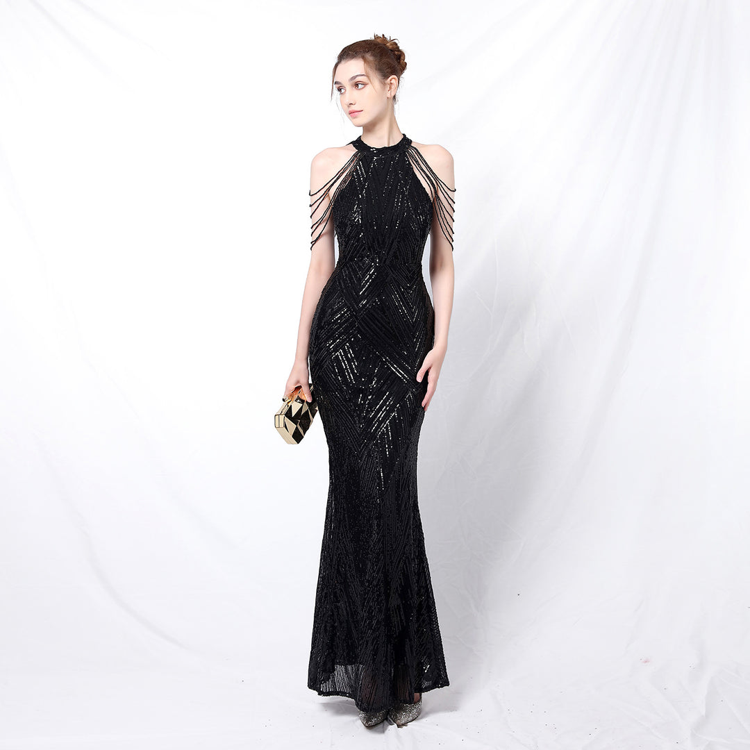 Women's backless long sequin evening dress