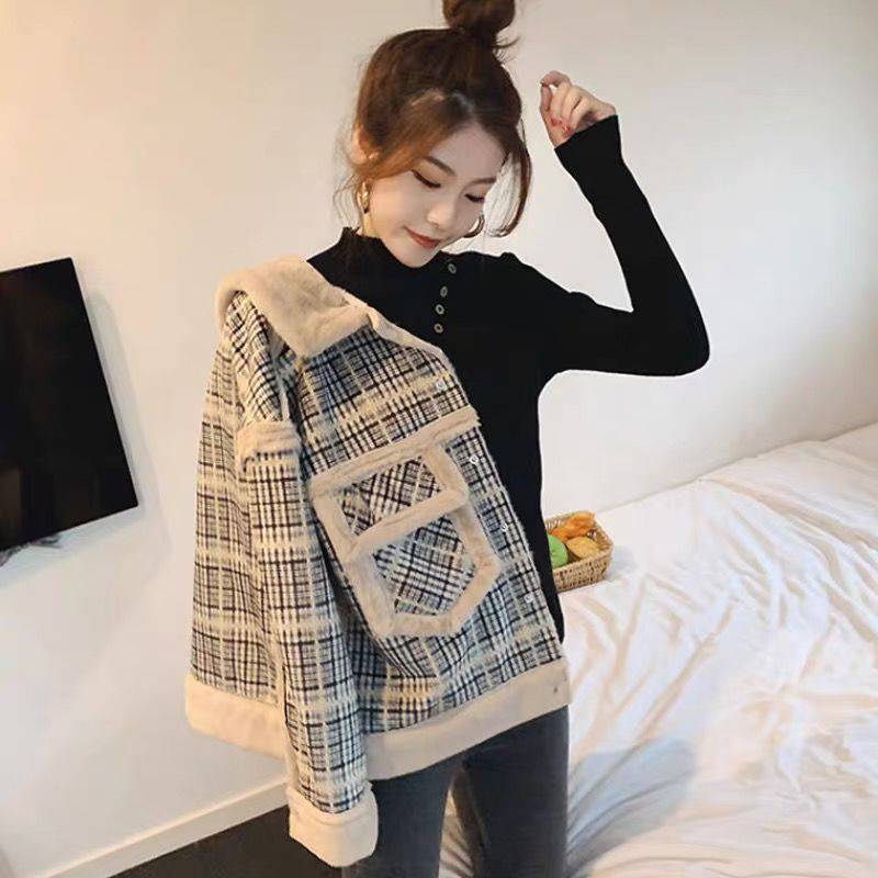 Women's lamb plush coat with polo collar, khaki and pink