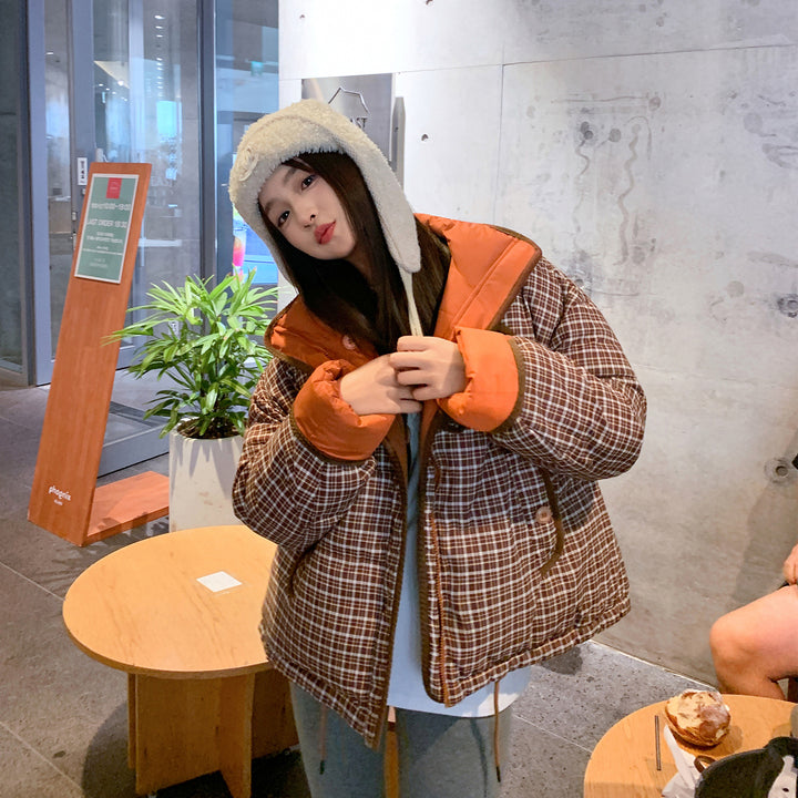 Women's quilted puffer jacket with plaid patchwork design