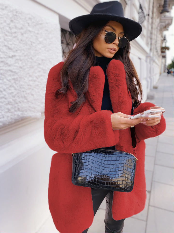 Women's long faux fur coat with lapel collar