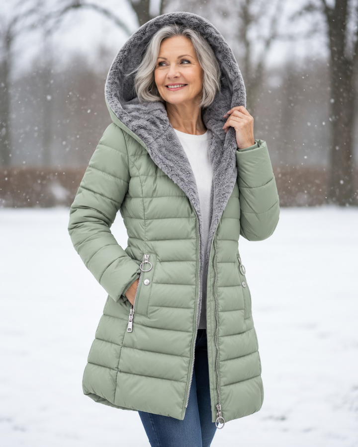 Women's quilted winter coat with hood on model