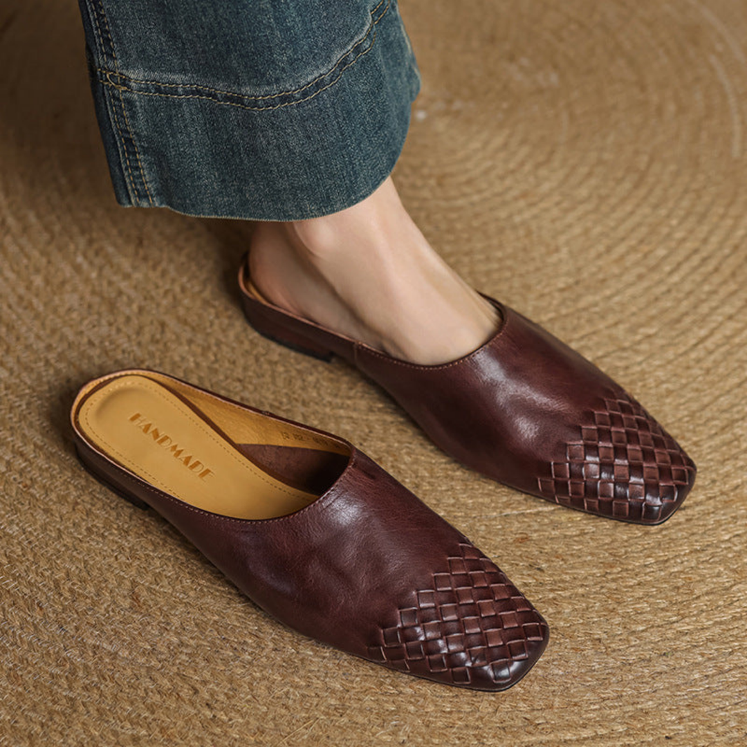 Alara | Women's Leather Woven Square Toe Flat Mules Carol & Margaret Wilmington