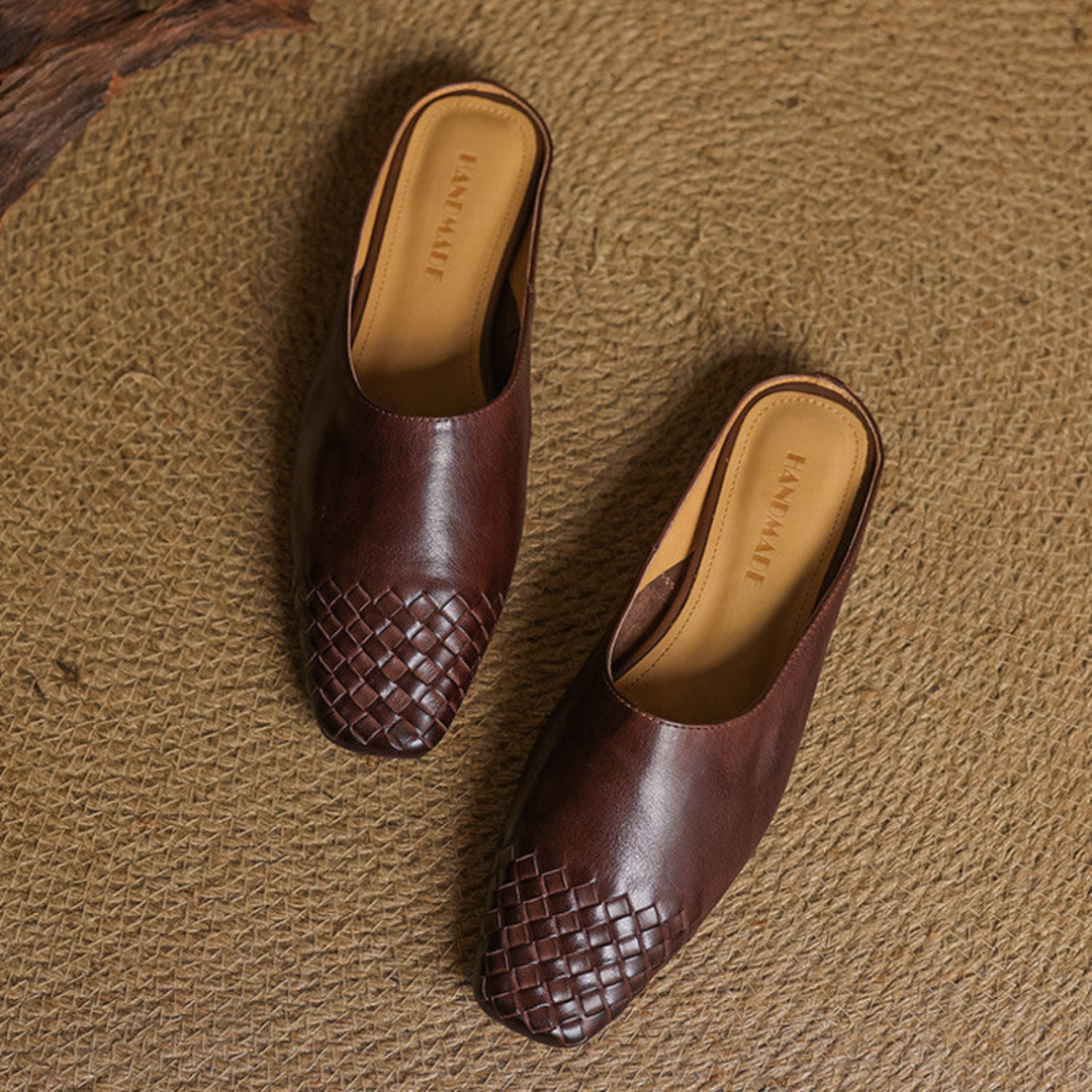Alara | Women's Leather Woven Square Toe Flat Mules Carol & Margaret Wilmington