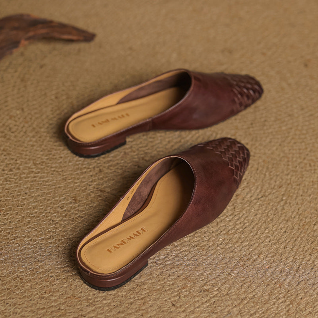 Alara | Women's Leather Woven Square Toe Flat Mules Carol & Margaret Wilmington