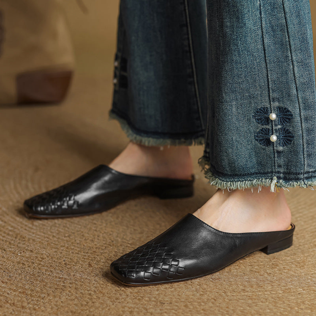 Alara | Women's Leather Woven Square Toe Flat Mules Carol & Margaret Wilmington