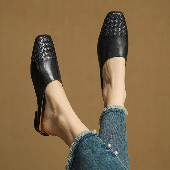 Alara | Women's Leather Woven Square Toe Flat Mules Carol & Margaret Wilmington