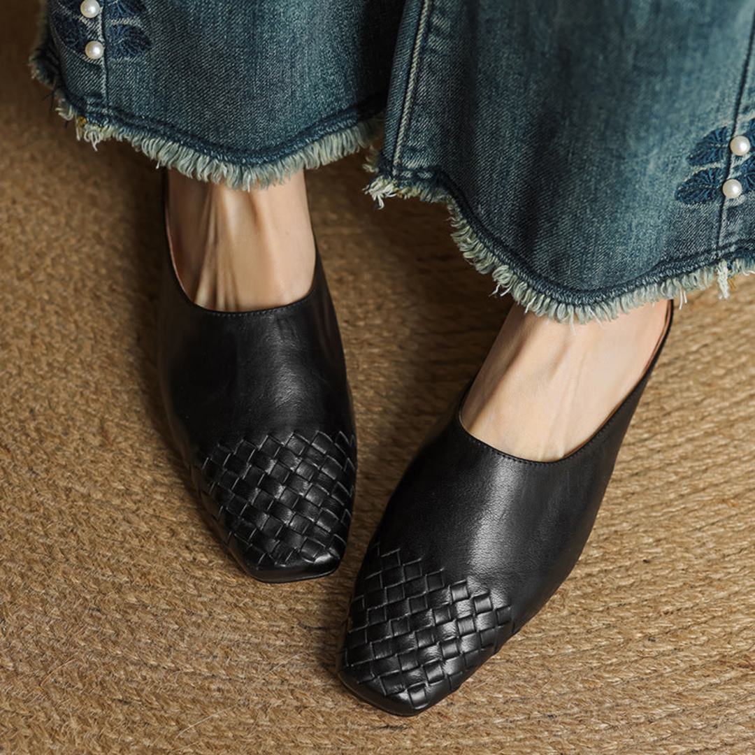 Alara | Women's Leather Woven Square Toe Flat Mules Carol & Margaret Wilmington