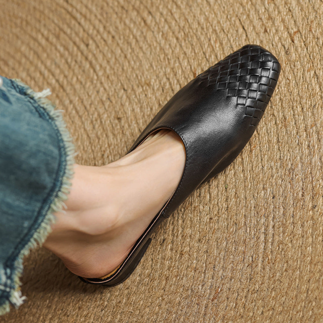 Alara | Women's Leather Woven Square Toe Flat Mules Carol & Margaret Wilmington