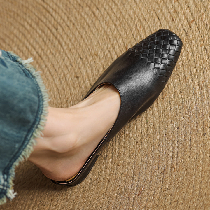 Alara | Women's Leather Woven Square Toe Flat Mules Carol & Margaret Wilmington