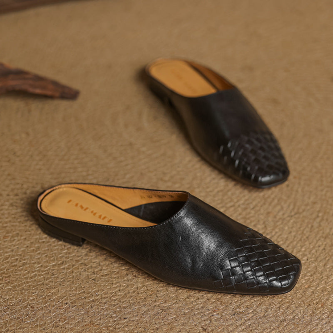 Alara | Women's Leather Woven Square Toe Flat Mules Carol & Margaret Wilmington