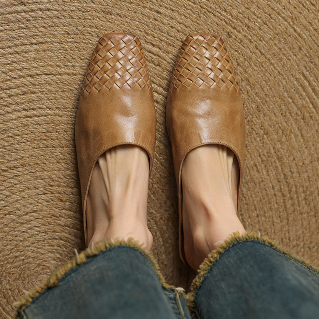 Alara | Women's Leather Woven Square Toe Flat Mules Carol & Margaret Wilmington