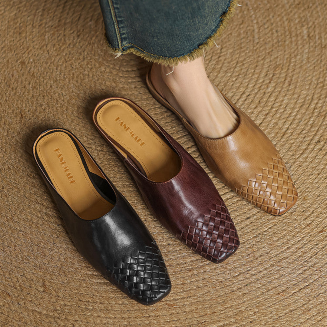 Alara | Women's Leather Woven Square Toe Flat Mules Carol & Margaret Wilmington