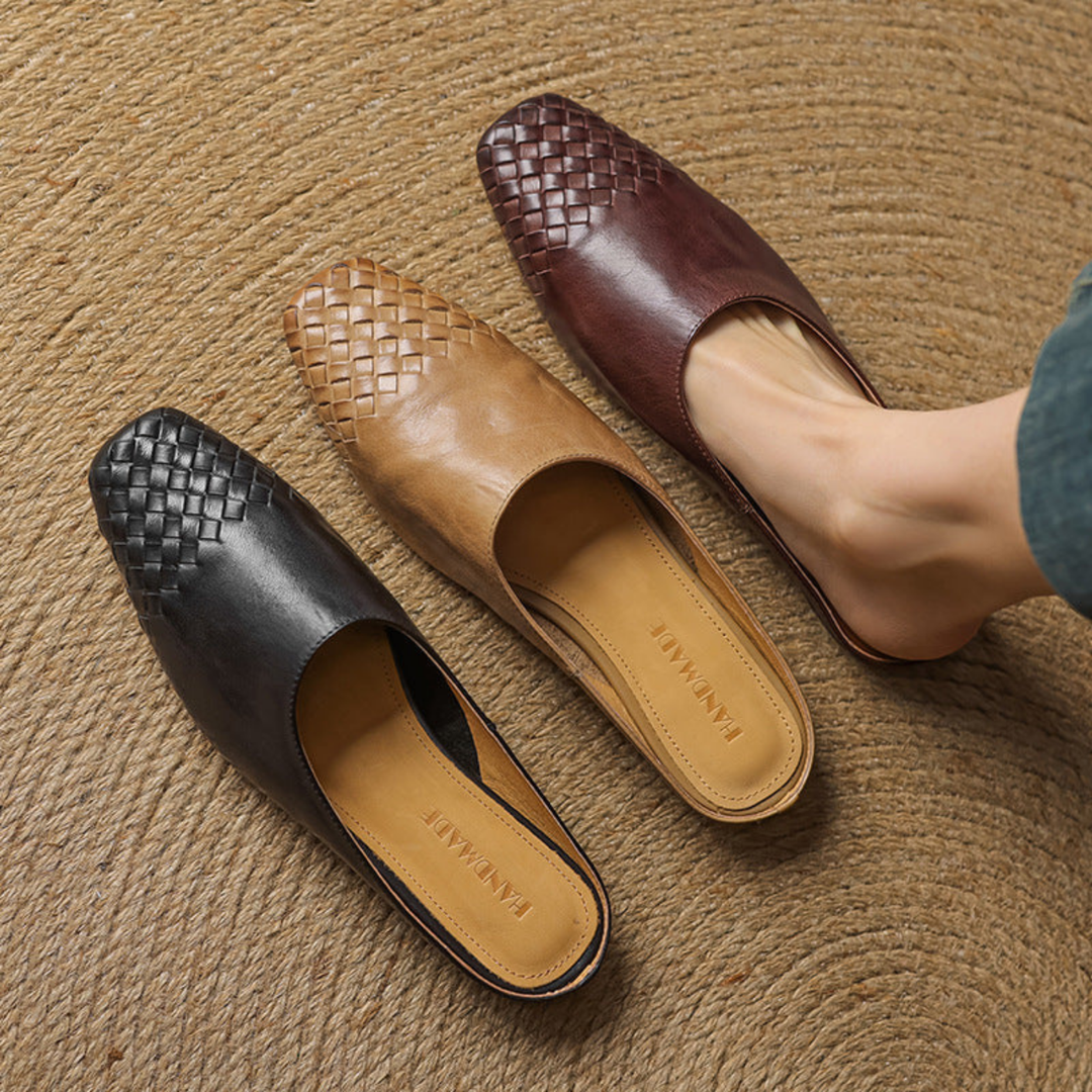 Alara | Women's Leather Woven Square Toe Flat Mules Carol & Margaret Wilmington