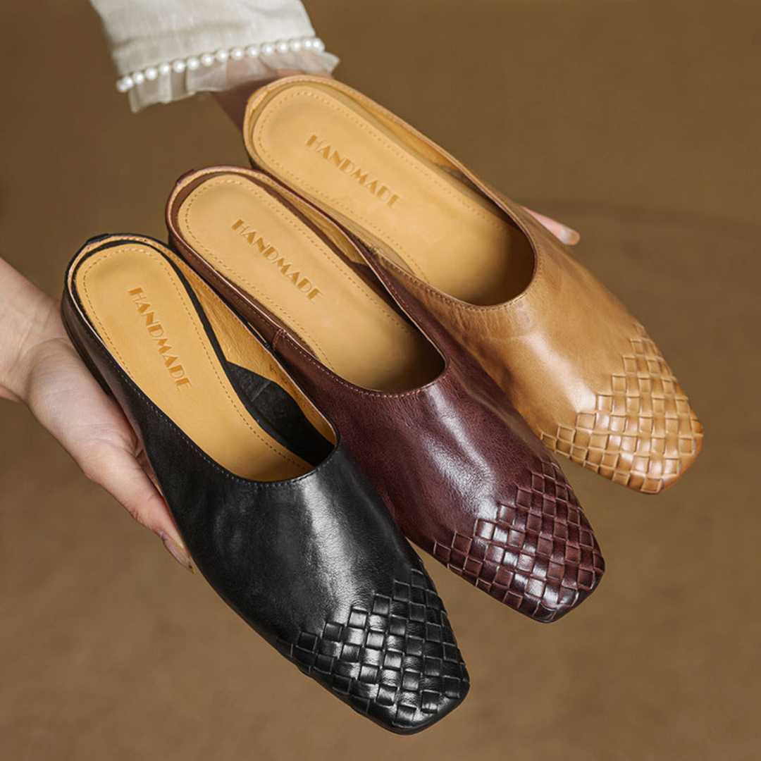 Alara | Women's Leather Woven Square Toe Flat Mules Carol & Margaret Wilmington