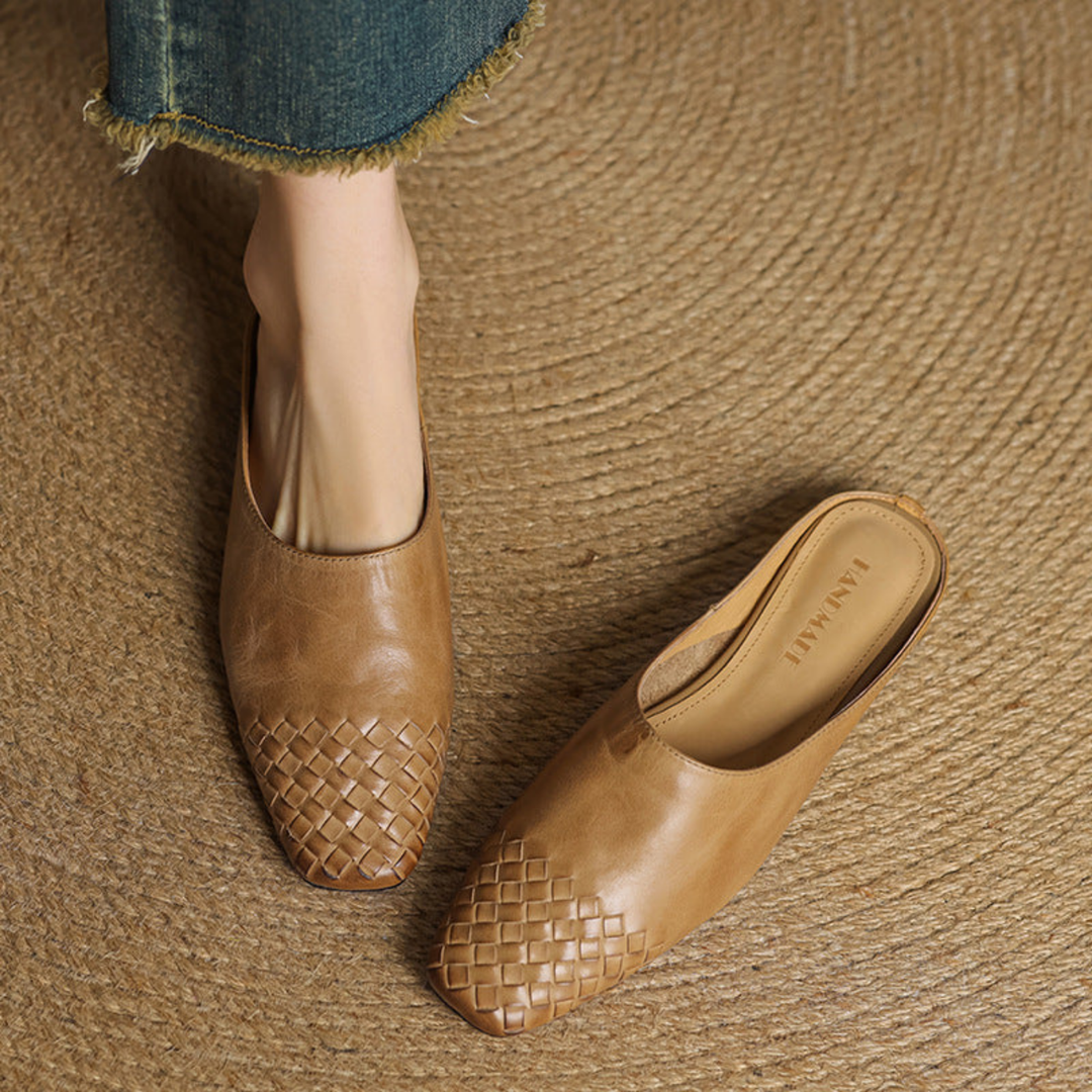 Alara | Women's Leather Woven Square Toe Flat Mules Carol & Margaret Wilmington