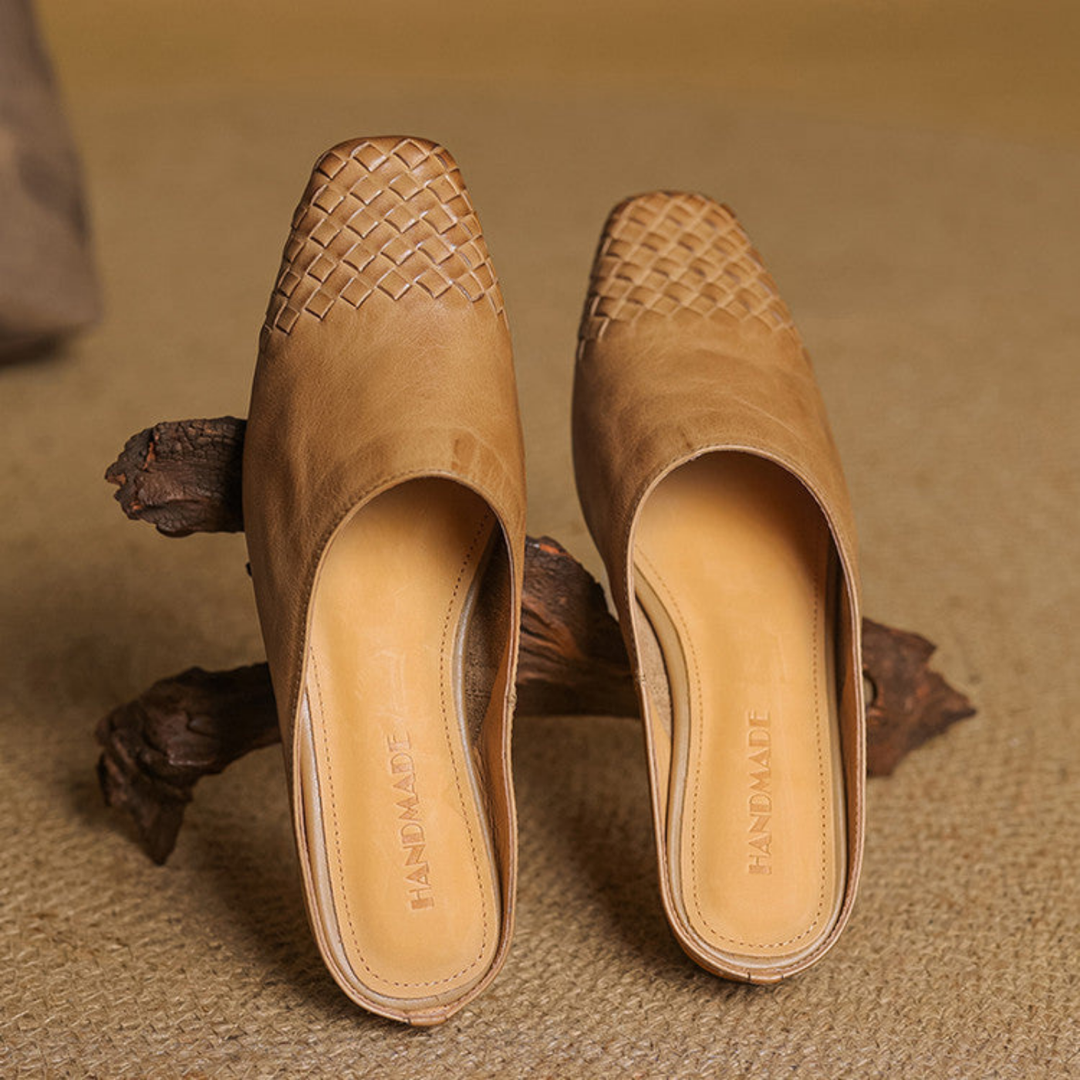 Alara | Women's Leather Woven Square Toe Flat Mules Carol & Margaret Wilmington